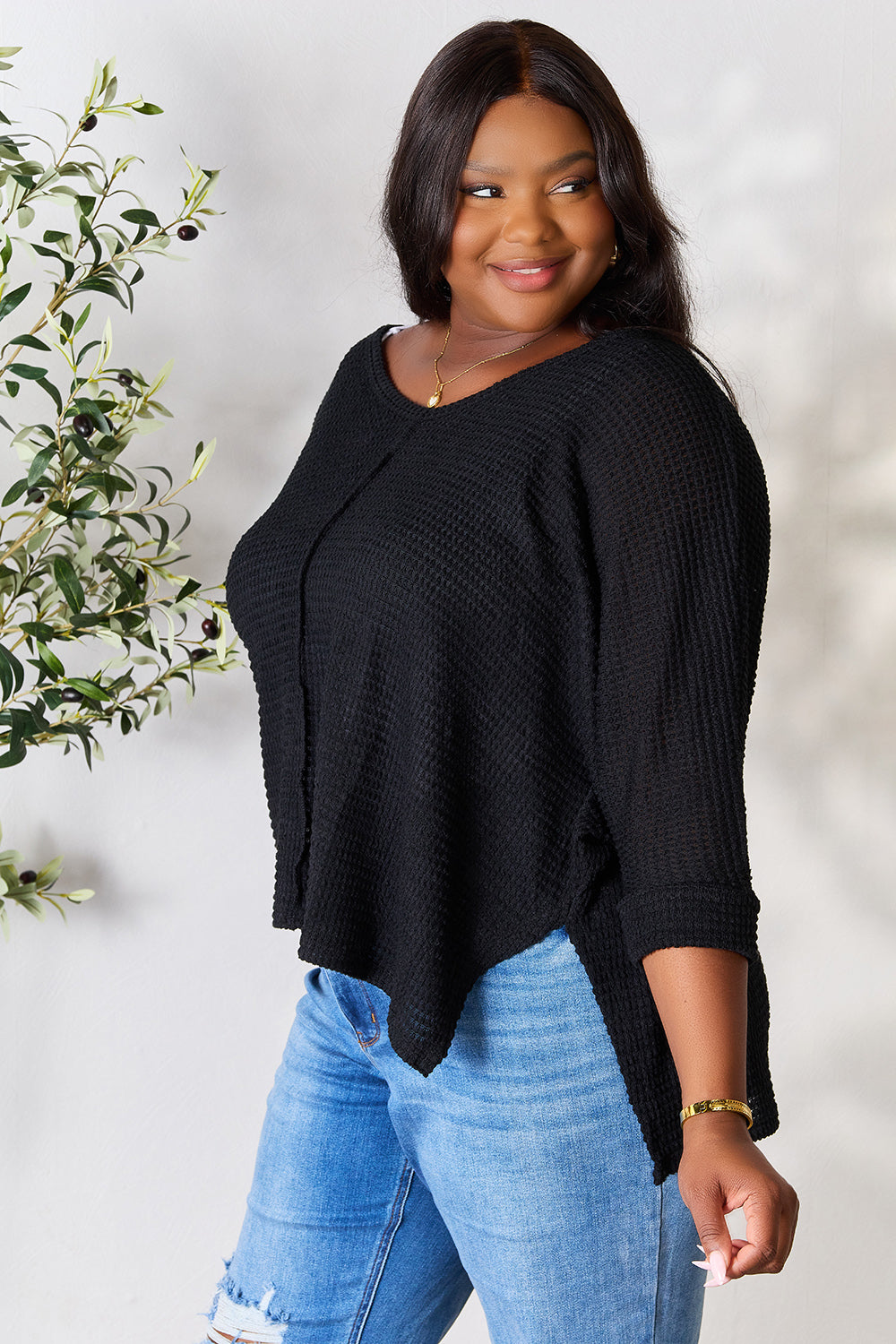 Zenana Full Size Round Neck High-Low Slit Knit Top Zenana Full Size Round Neck High-Low Slit Knit Top - TopFashionHQ