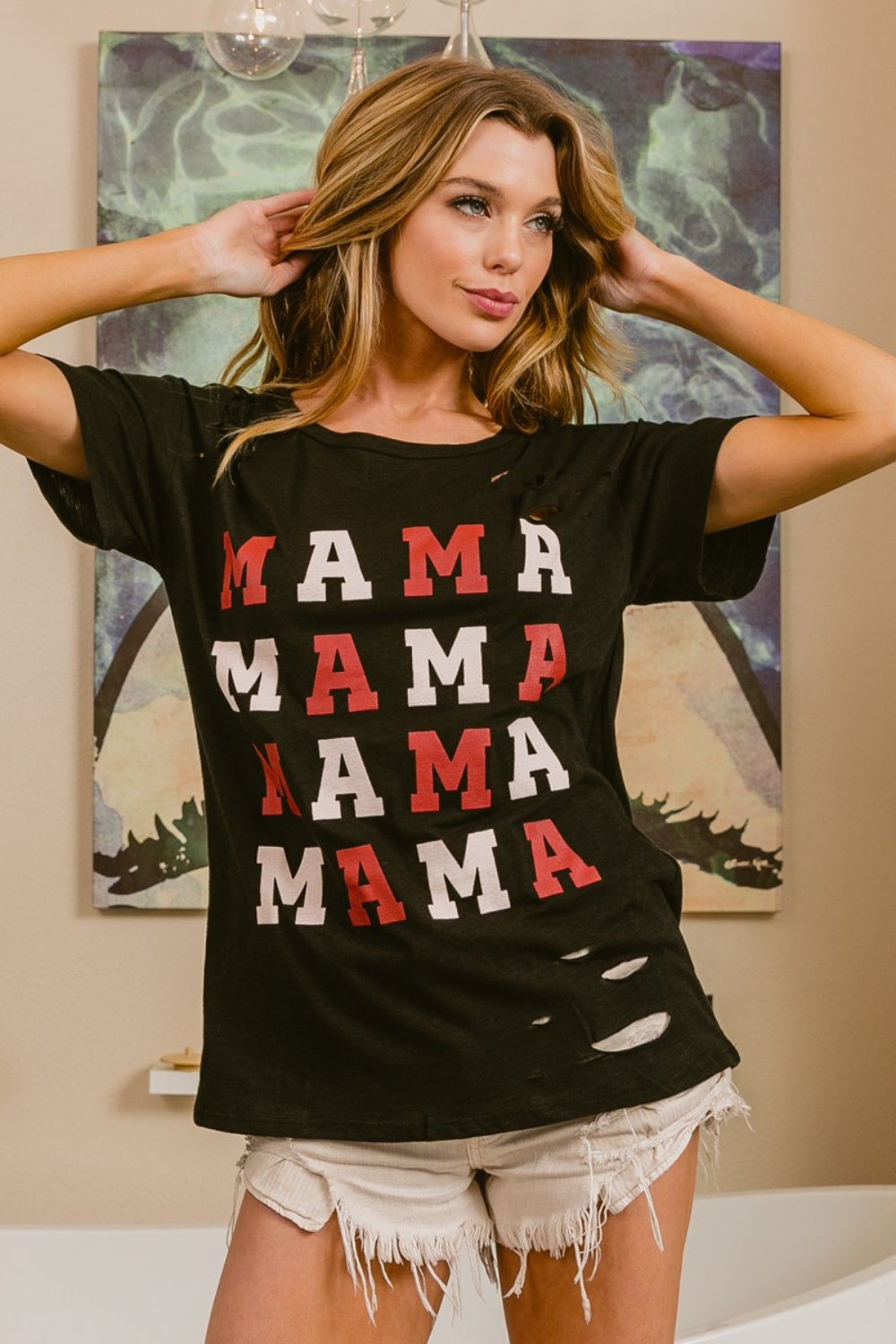 BiBi MAMA Graphic Distressed Short Sleeve T-Shirt BiBi MAMA Graphic Distressed Short Sleeve T-Shirt - TopFashionHQ