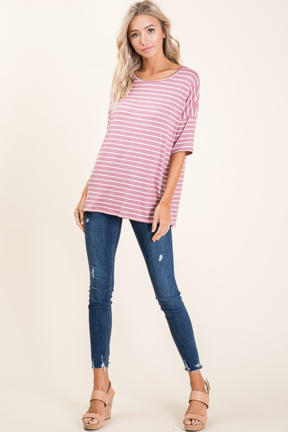 BOMBOM Striped Round Neck Half Sleeve T-Shirt BOMBOM Striped Round Neck Half Sleeve T-Shirt - TopFashionHQ