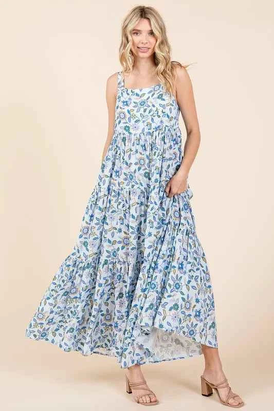 Mittoshop Flower Print Tiered Sleeveless Empire Maxi Dress Mittoshop Flower Print Tiered Sleeveless Empire Maxi Dress