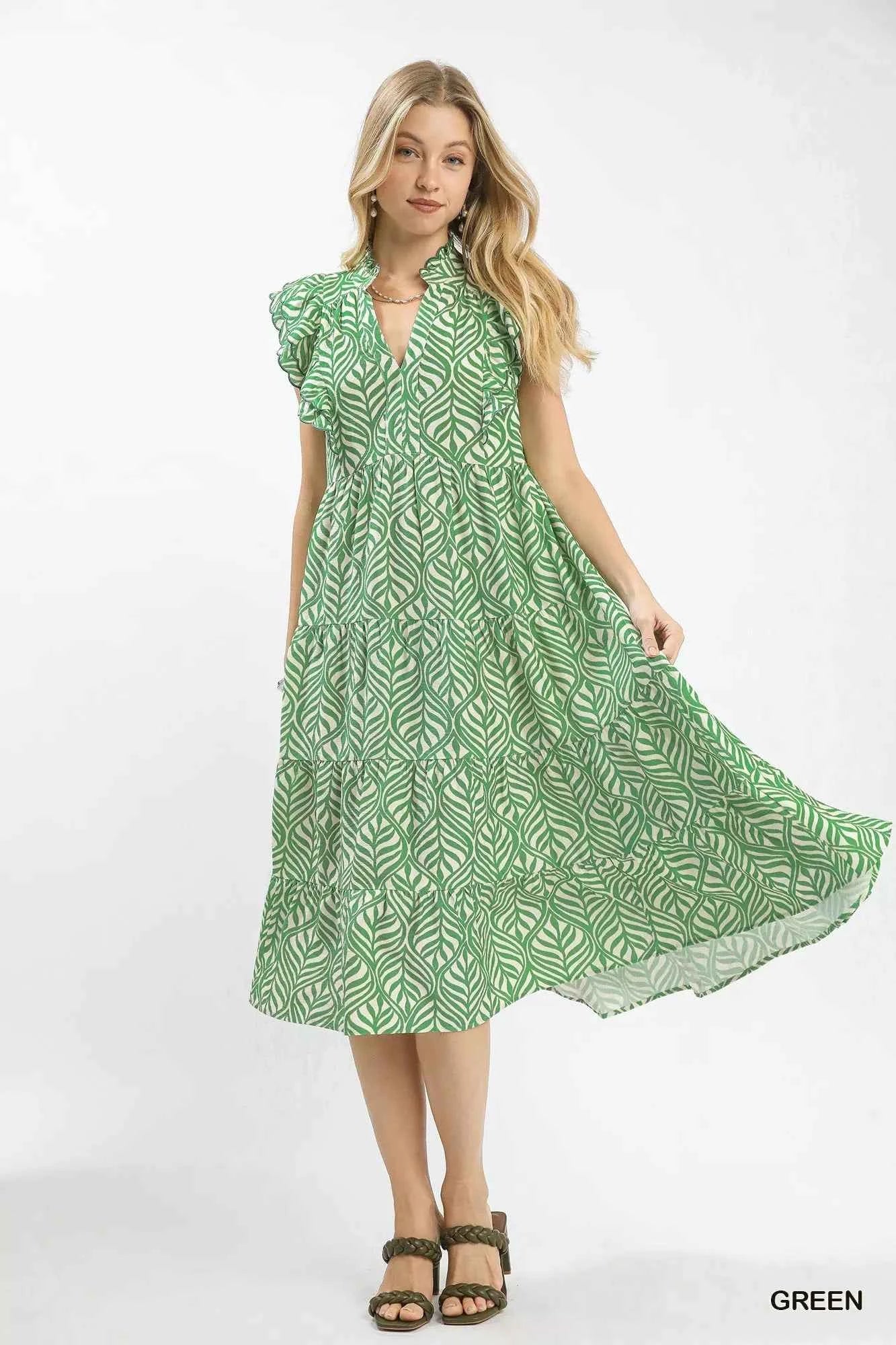 Umgee Leaf Print Tiered Midi Dress with Ruffle Detail Umgee Leaf Print Tiered Midi Dress with Ruffle Detail