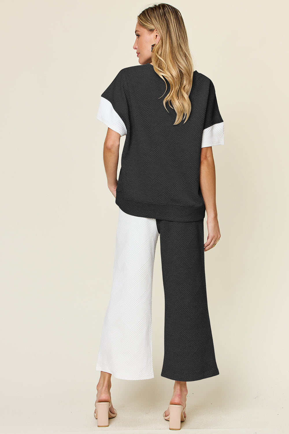 Double Take Full Size Texture Contrast T-Shirt and Wide Leg Pants Set Double Take Full Size Texture Contrast T-Shirt and Wide Leg Pants Set