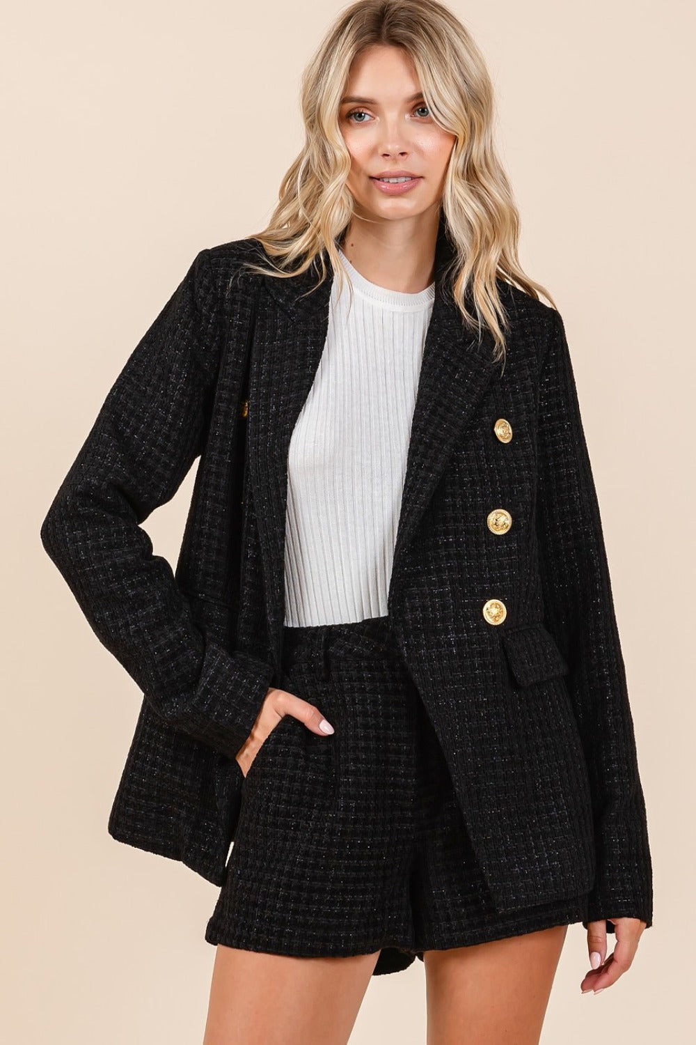 Mittoshop Plaid Texture Double-Breasted Long Sleeve Blazer Mittoshop Plaid Texture Double-Breasted Long Sleeve Blazer