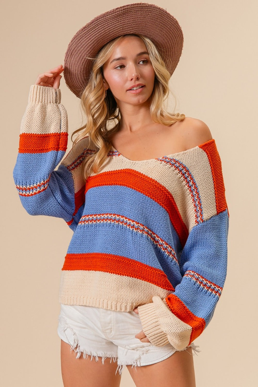 BiBi Multi Color Stripe Scoop Neck Sweater BiBi Multi Color Stripe Scoop Neck Sweater - TopFashionHQ