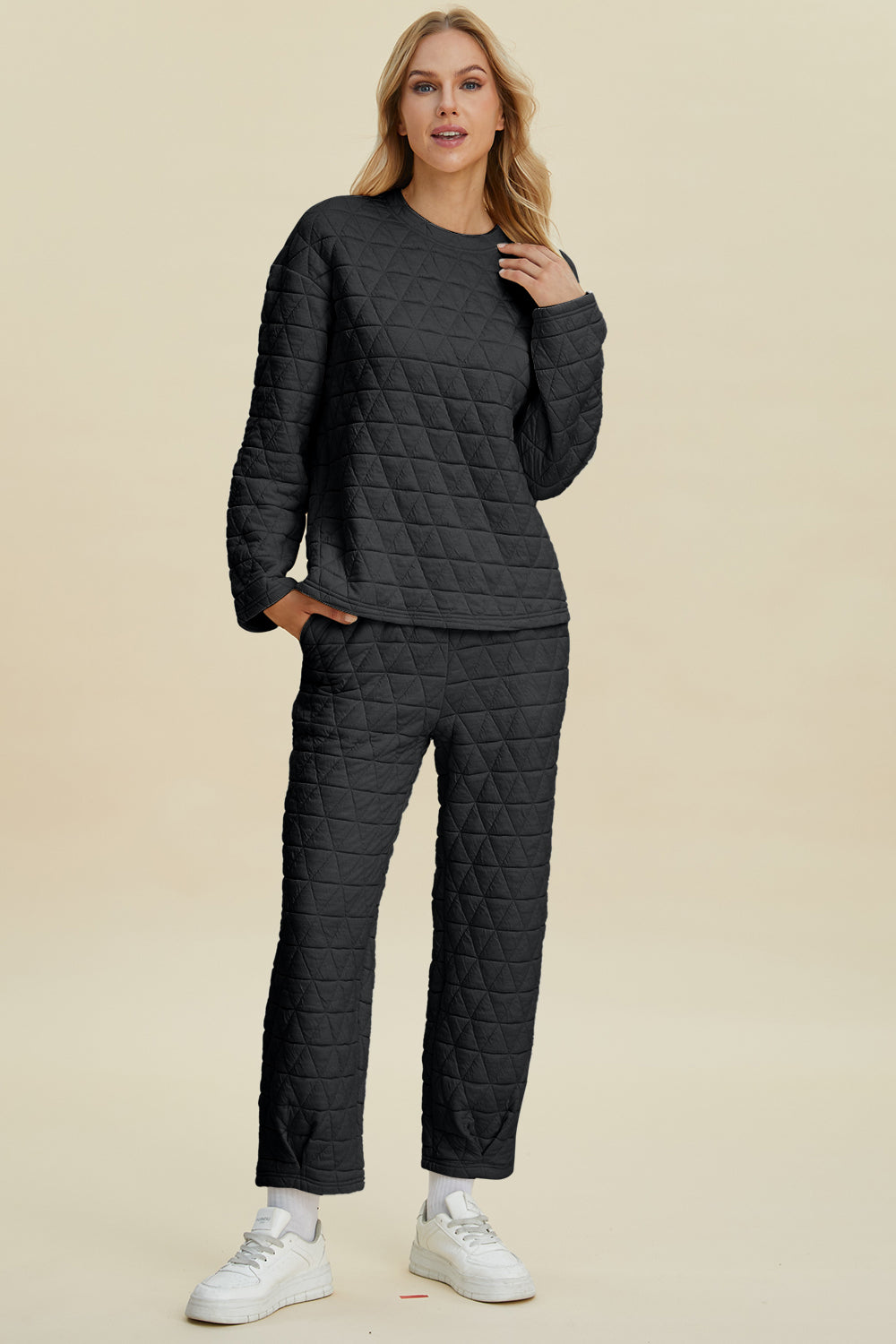 Double Take Full Size Texture Round Neck Long Sleeve Top and Pants Set Double Take Full Size Texture Round Neck Long Sleeve Top and Pants Set