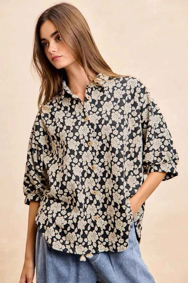 BiBi Floral Jacquard Short Dolman Sleeves Shirt BiBi Floral Jacquard Short Dolman Sleeves Shirt