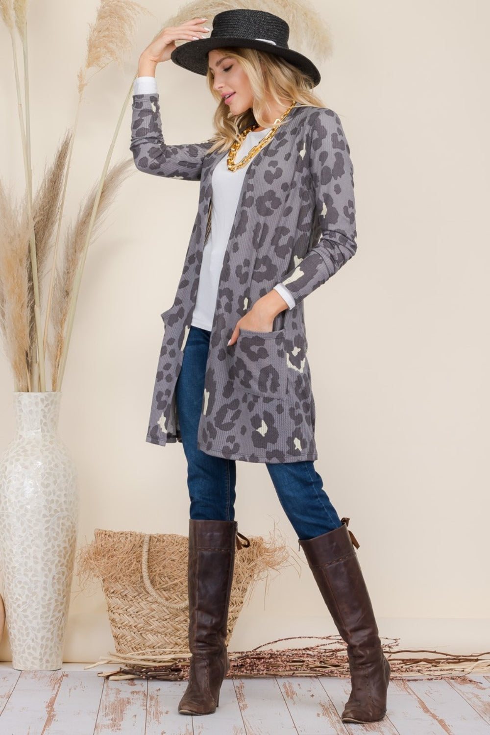 Celeste Full Size Leopard Open Front Contrast Cardigan Celeste Full Size Leopard Open Front Contrast Cardigan - TopFashionHQ