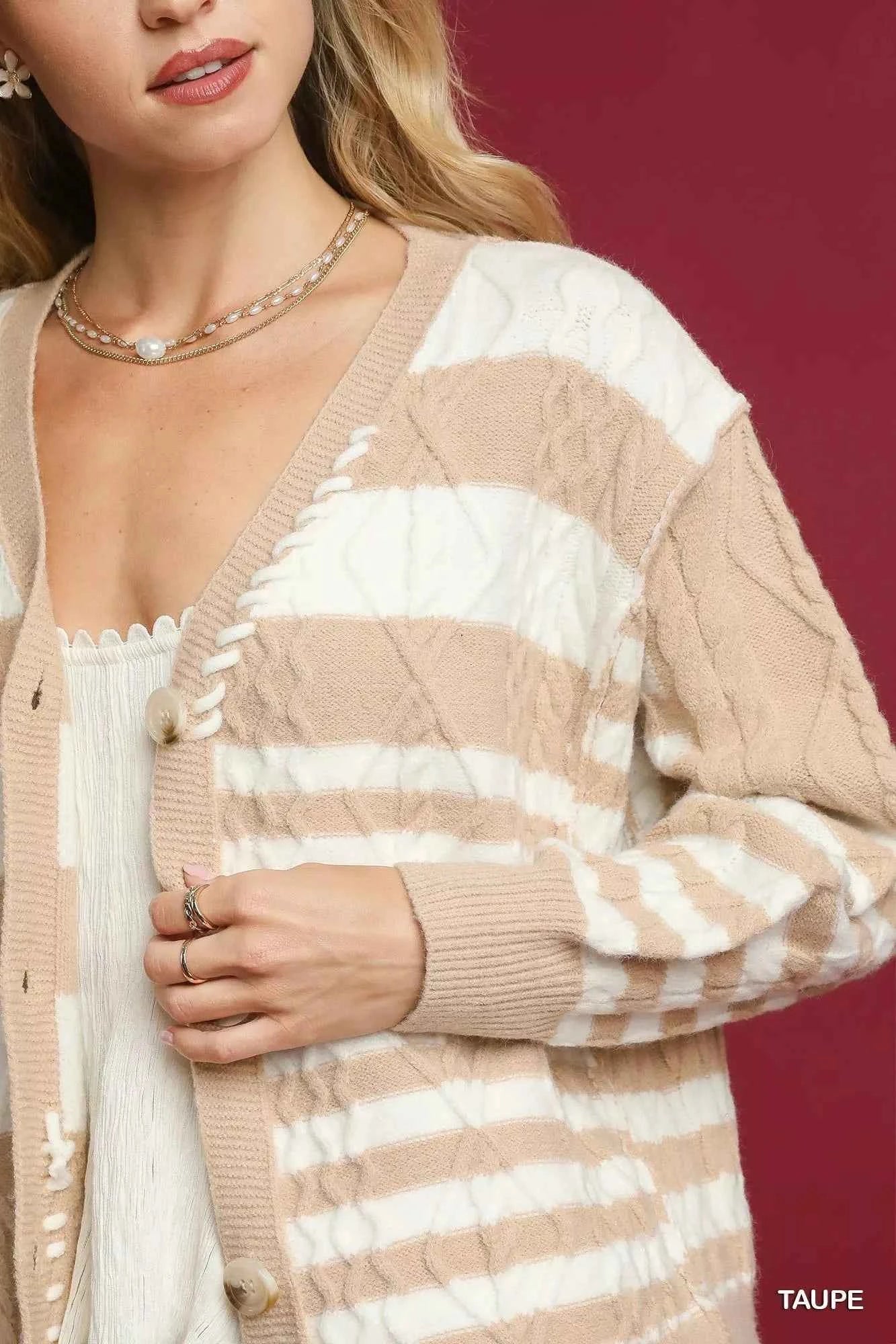Umgee Cable-Knit Stripe Button-Up Cardigan Umgee Cable-Knit Stripe Button-Up Cardigan