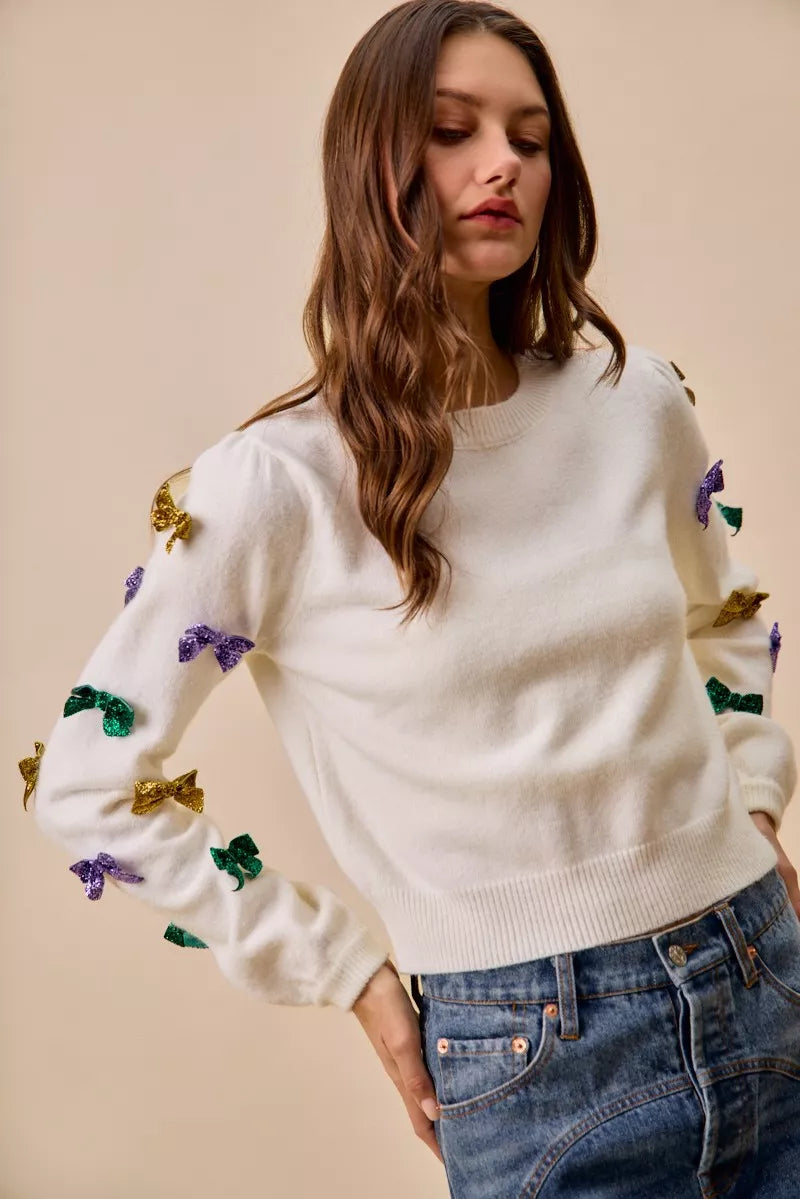 SO ME Mardi Gras Glitter Bow Ribbon Sweater Knit Top 0dc571b250214473b71643f9c34508c0-Max-Origin