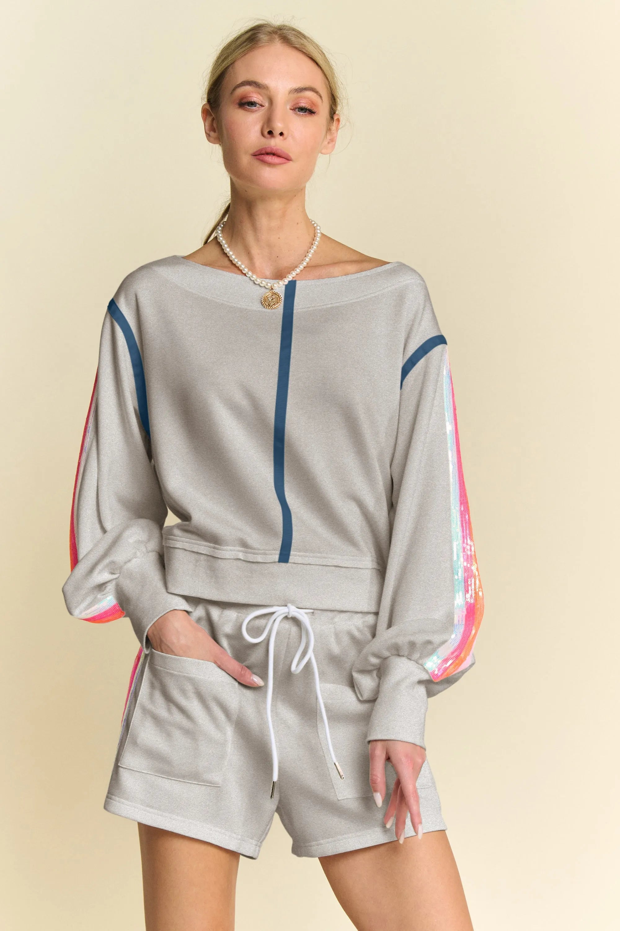 Davi & Dani Sequin Stripe Long Sleeve Top And Short Pants Set 0dcf3b36943444b4bec249d6228465cf-Max-Origin