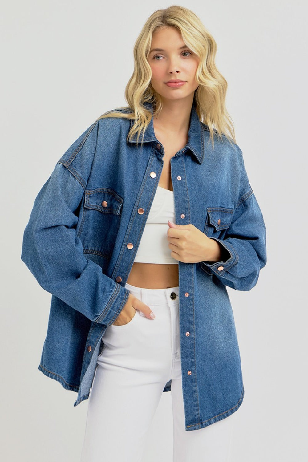 RISEN Full Size Snap Down Long Sleeve Denim Shacket RISEN Full Size Snap Down Long Sleeve Denim Shacket