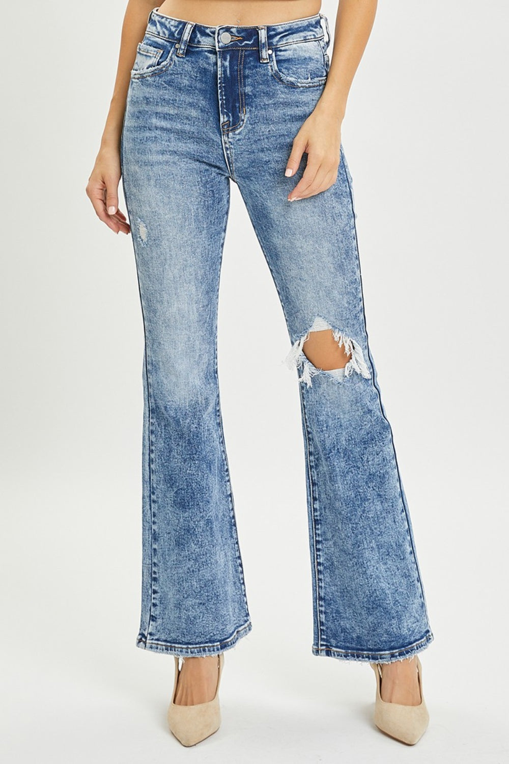 RISEN Full Size High Rise Distressed Flare Jeans RISEN Full Size High Rise Distressed Flare Jeans - TopFashionHQ