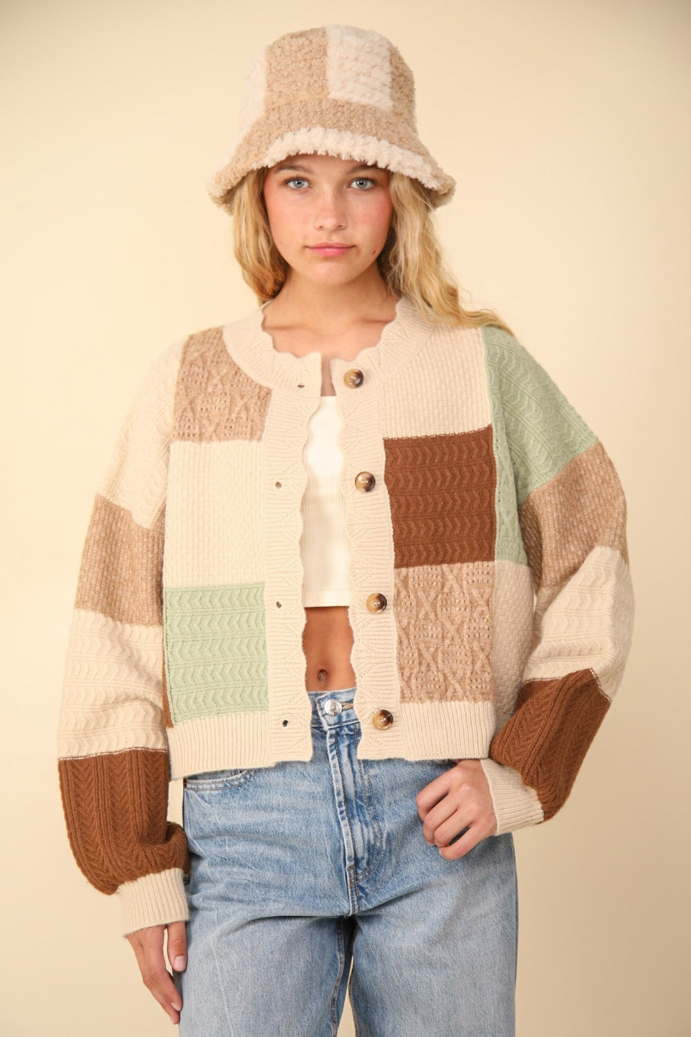 VERY J Color Block Button Down Textured Sweater Cardigan VERY J Color Block Button Down Textured Sweater Cardigan