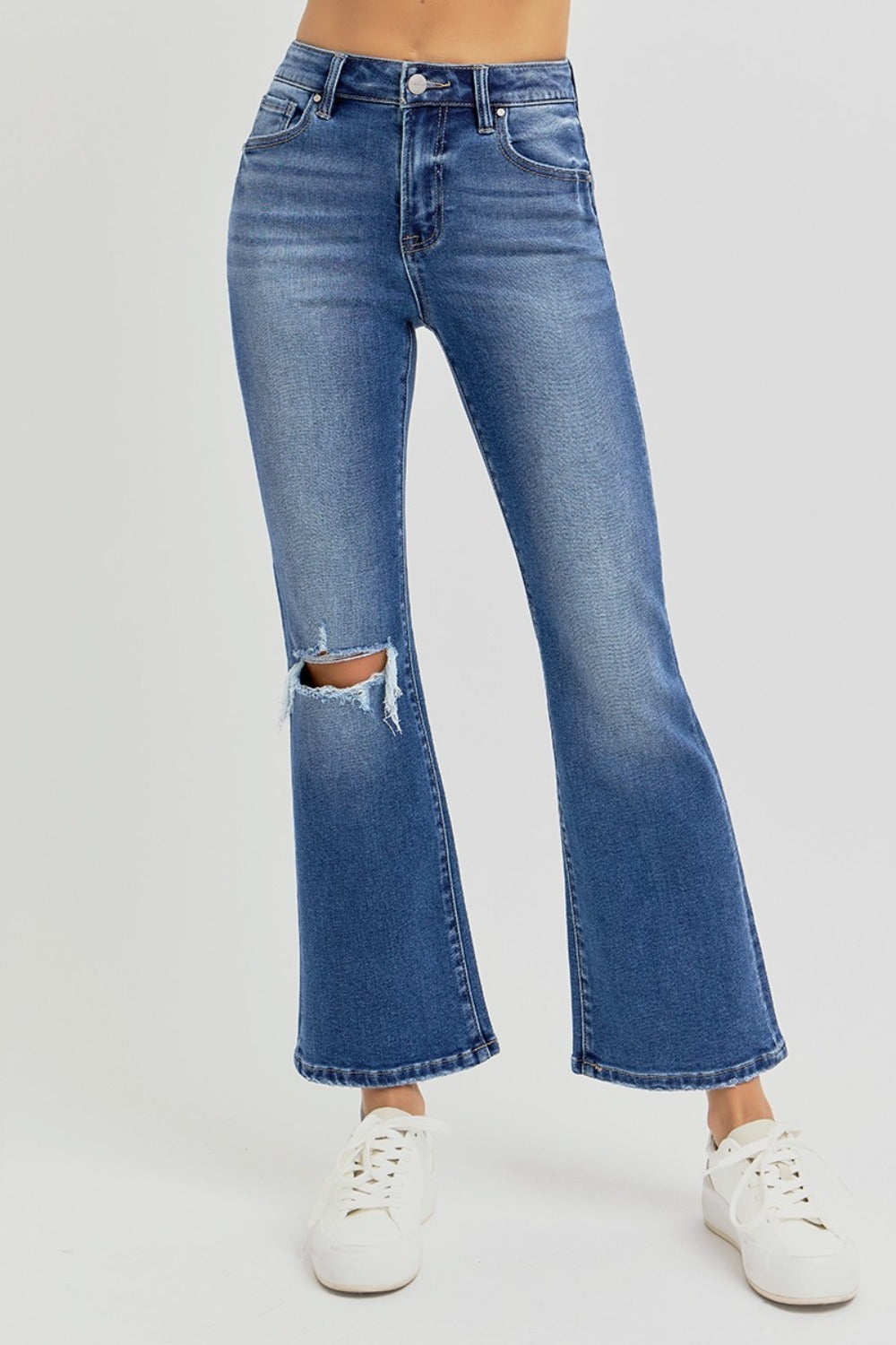 RISEN Full Size Distressed High Rise Crop Flare Jeans RISEN Full Size Distressed High Rise Crop Flare Jeans - TopFashionHQ