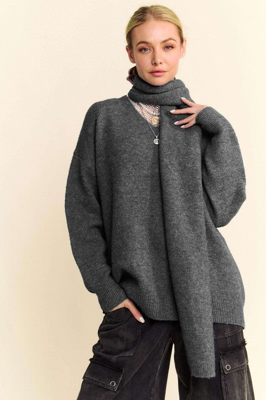 Davi & Dani V-Neck Dropped Shoulder Sweater with Scarf Set Davi & Dani V-Neck Dropped Shoulder Sweater with Scarf Set