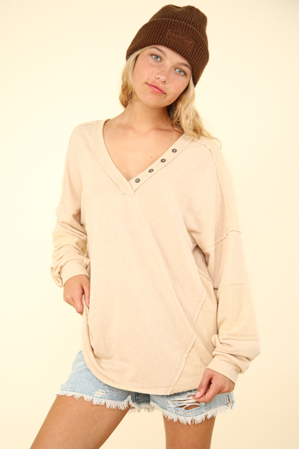 VERY J Washed V-Neck Exposed Seam Knit Top VERY J Washed V-Neck Exposed Seam Knit Top - TopFashionHQ