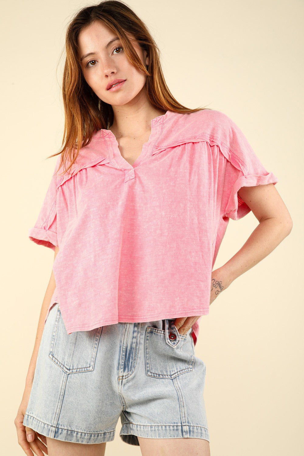 VERY J Nochted Short Sleeve Washed T-Shirt VERY J Nochted Short Sleeve Washed T-Shirt - TopFashionHQ