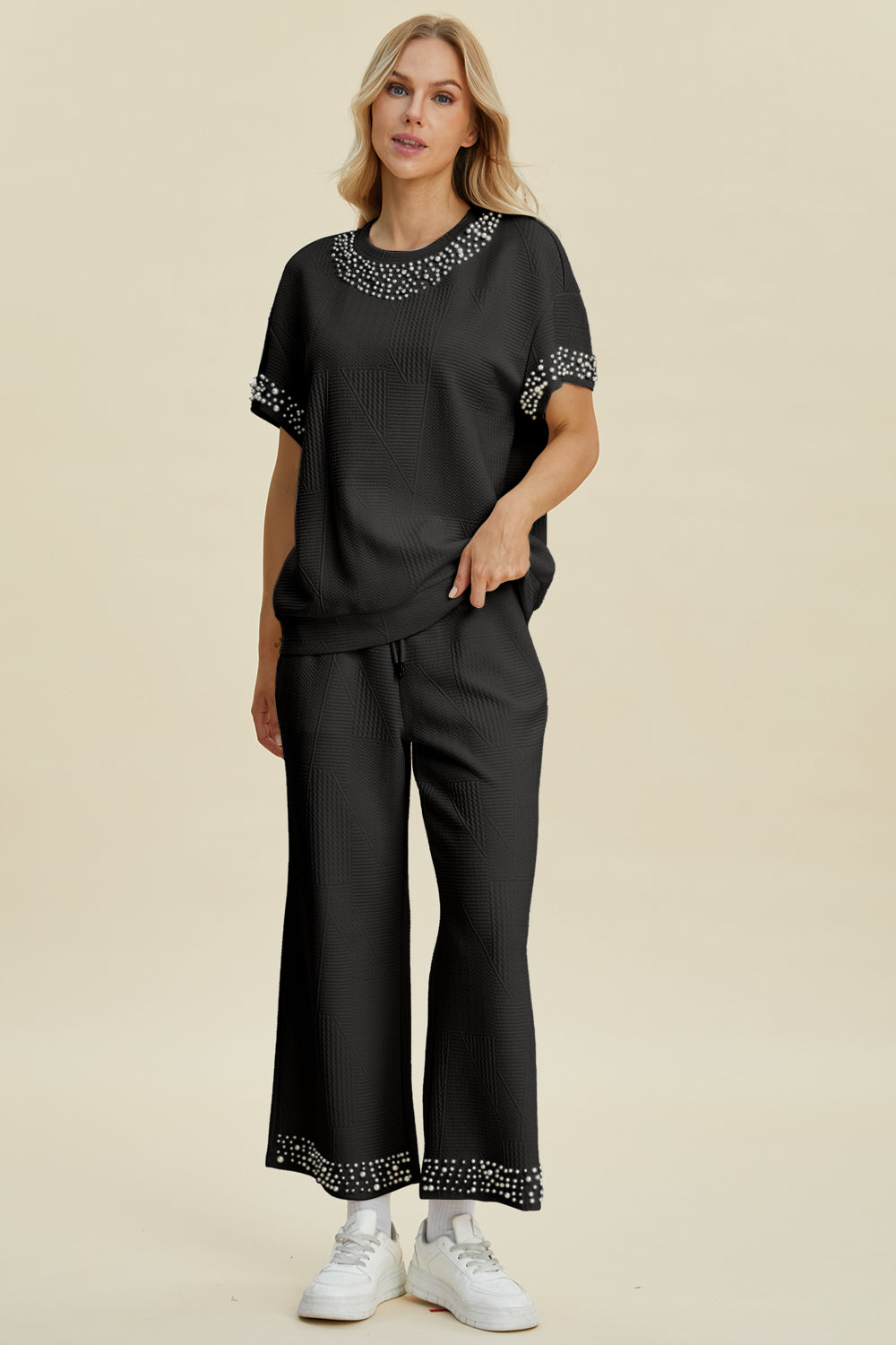 Double Take Full Size Pearl Detail Round Neck Top and Pants Set Double Take Full Size Pearl Detail Round Neck Top and Pants Set