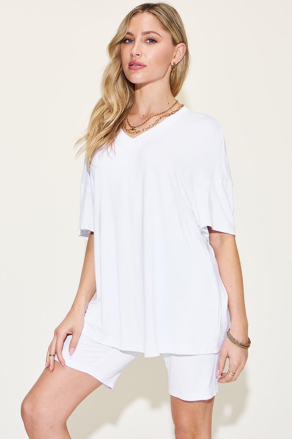 Basic Bae Full Size V-Neck Drop Shoulder T-Shirt and Shorts Set Basic Bae Full Size V-Neck Drop Shoulder T-Shirt and Shorts Set - TopFashionHQ