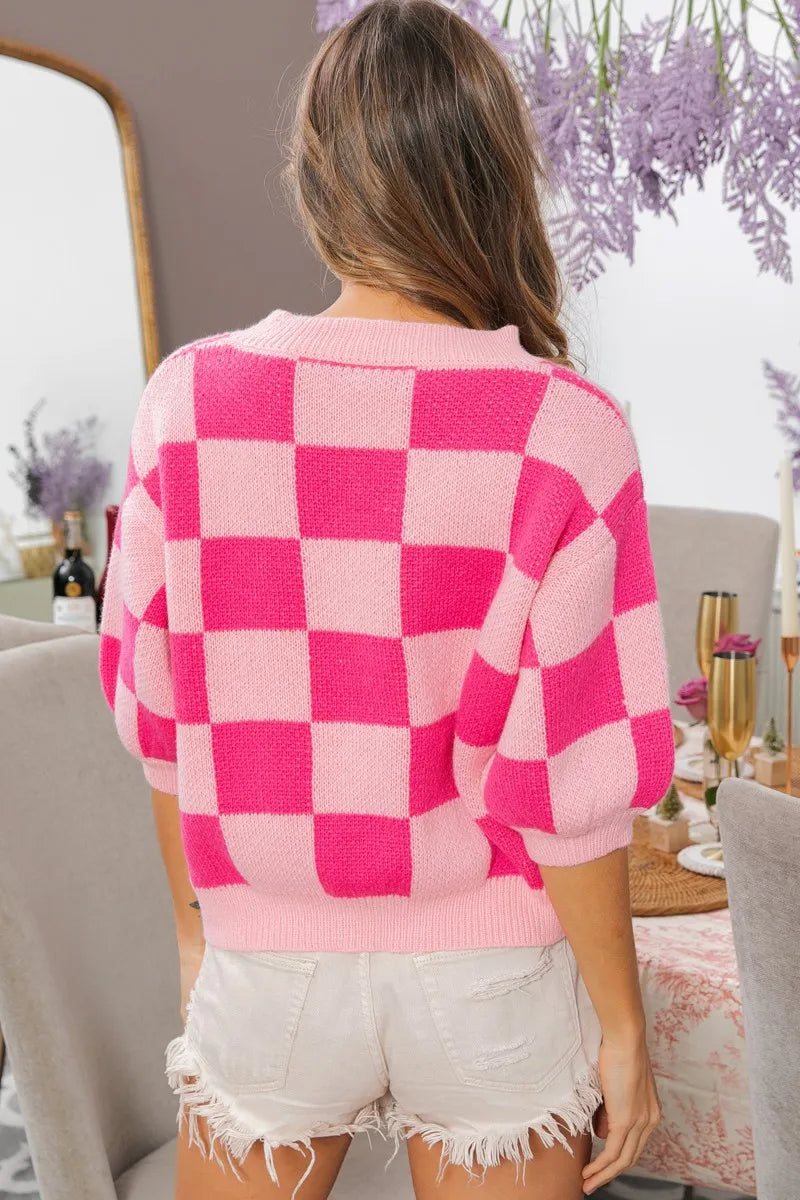 BiBi Check Pattern Short Puff Sleeve Sweater Top 0ed15d7c442740f3ab1cf0f8e7bc82d1-Max-Origin