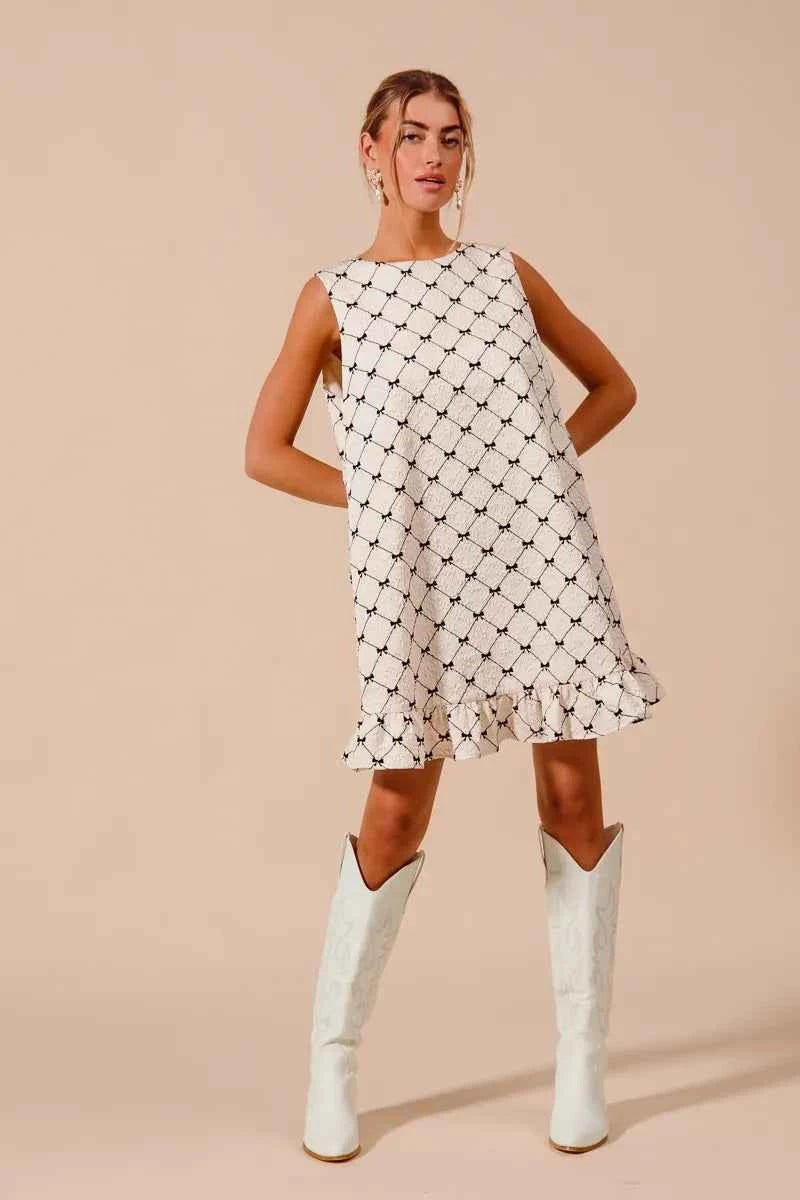 SO ME Texture Bow Printed Mini Ruffle Dress SO ME Texture Bow Printed Mini Ruffle Dress