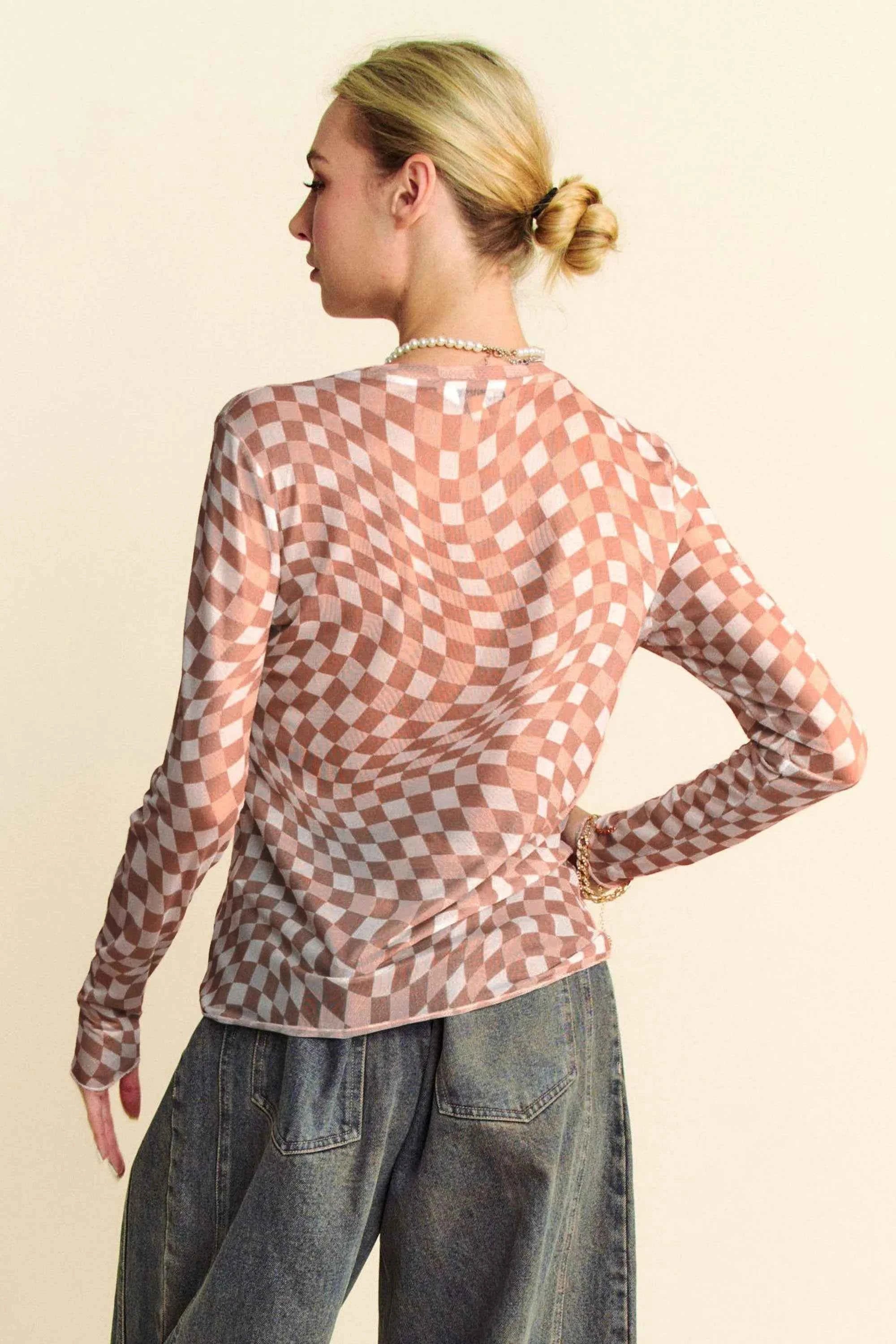 Davi & Dani Checker Board Mesh Long Sleeve Layering Top Davi & Dani Checker Board Mesh Long Sleeve Layering Top