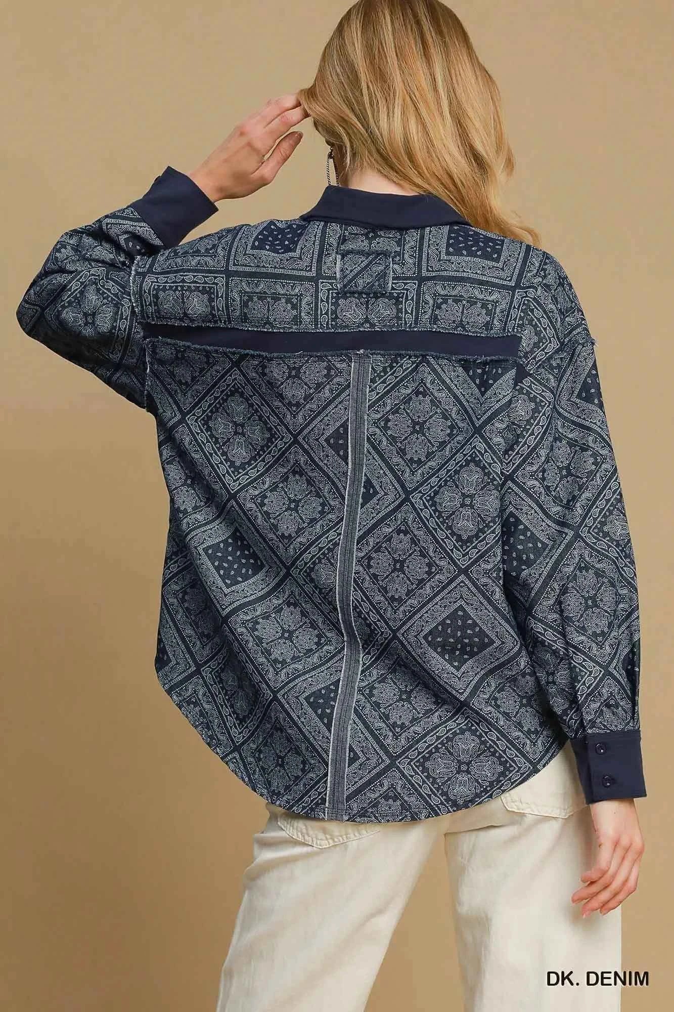 Umgee Paisley Print Denim Shirt Jacket Umgee Paisley Print Denim Shirt Jacket