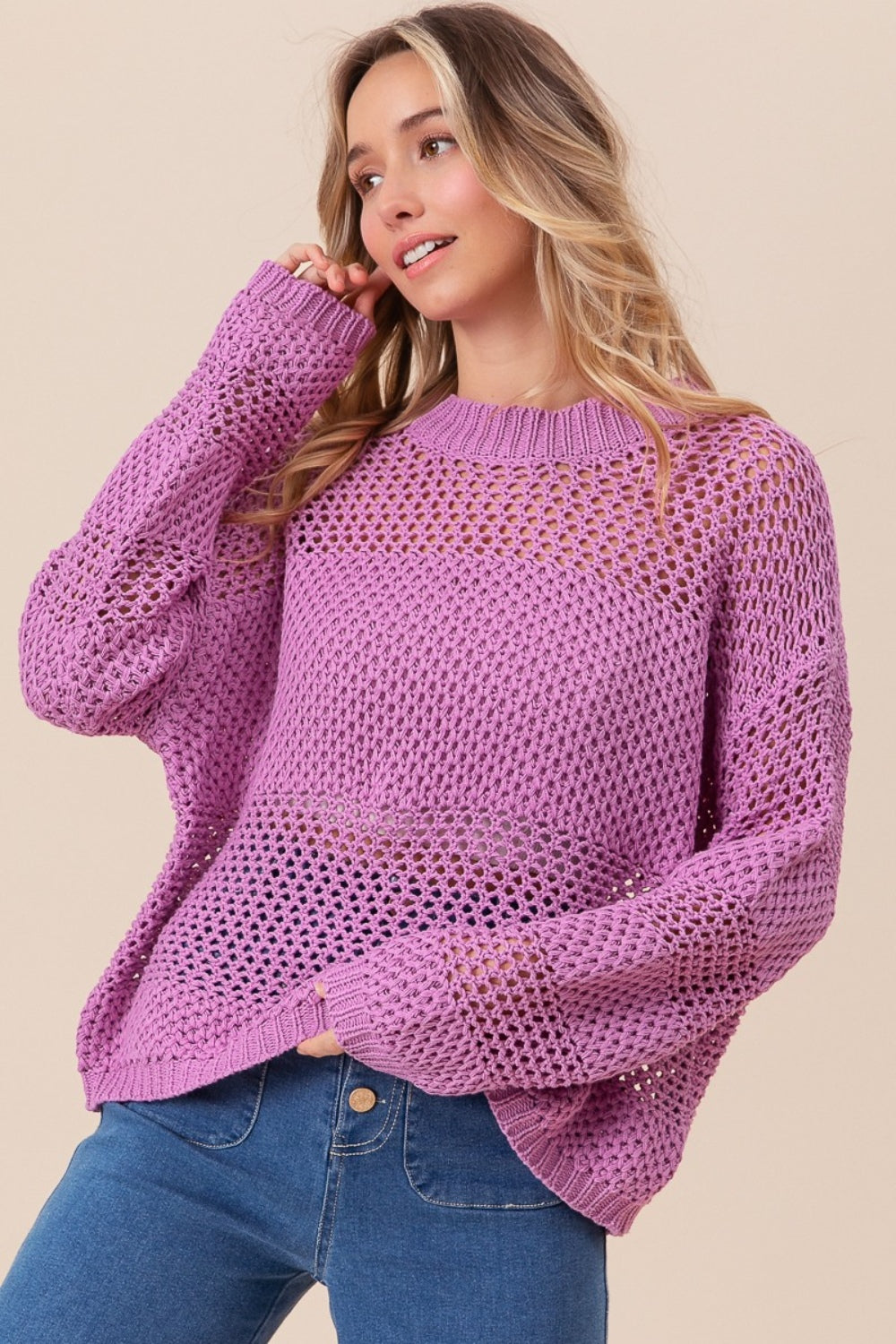 BiBi Openwork Long Sleeve Knit Top BiBi Openwork Long Sleeve Knit Top - TopFashionHQ