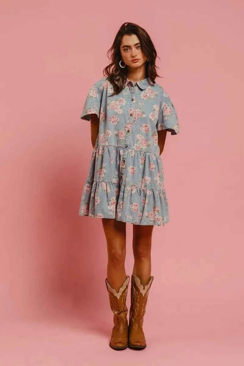 BiBi Floral Print Washed Lightweight Tiered Shirt Dress BiBi Floral Print Washed Lightweight Tiered Shirt Dress
