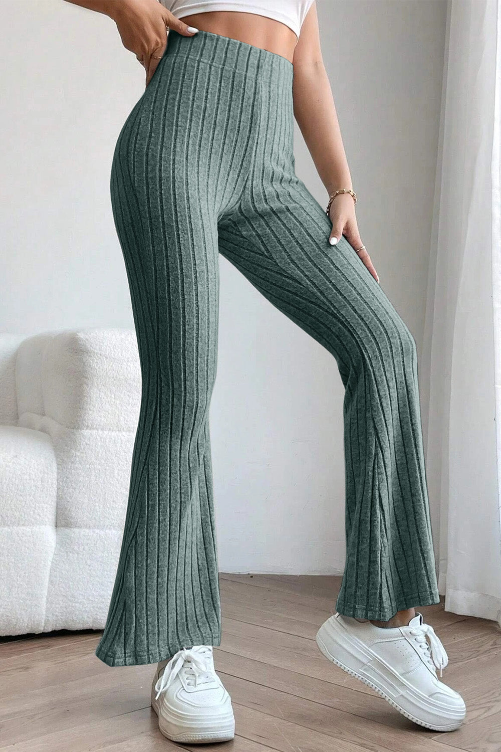 Basic Bae Full Size Ribbed High Waist Flare Pants Basic Bae Full Size Ribbed High Waist Flare Pants - TopFashionHQ