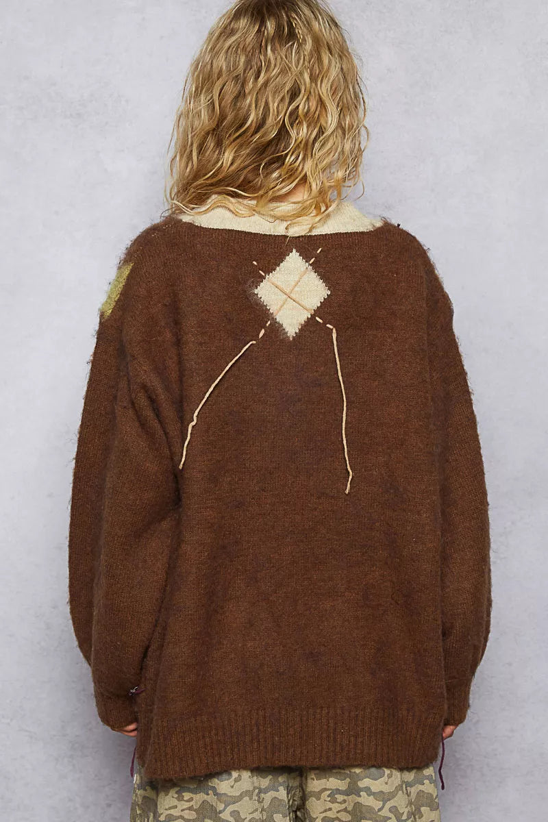 POL V-Neck Argyle Pattern Mohair Sweater with Contrast Exposed Stitch Detail 0f7f35d2-11fc-4345-a885-e911f26752e3-Max-Origin