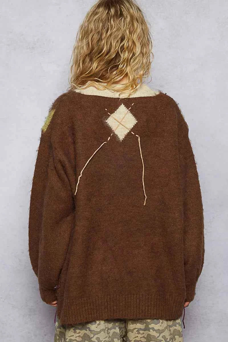 POL V-Neck Argyle Pattern Mohair Sweater with Contrast Exposed Stitch Detail POL V-Neck Argyle Pattern Mohair Sweater with Contrast Exposed Stitch Detail