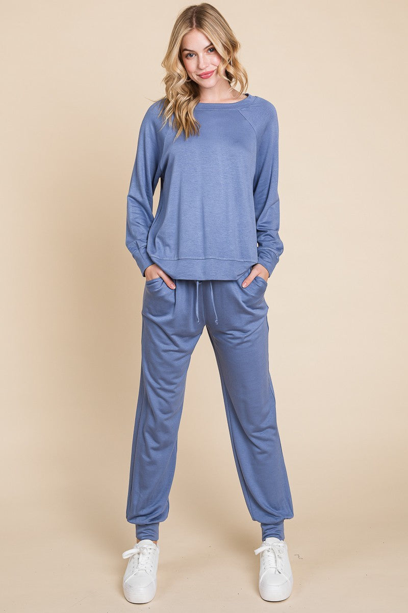 Super Lady Round Neck Raglan Sleeve Top and Pants Lounge Set Super Lady Round Neck Raglan Sleeve Top and Pants Lounge Set