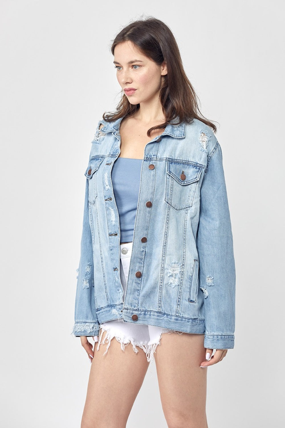 RISEN Full Size Distressed Long Sleeve Denim Jacket RISEN Full Size Distressed Long Sleeve Denim Jacket - TopFashionHQ