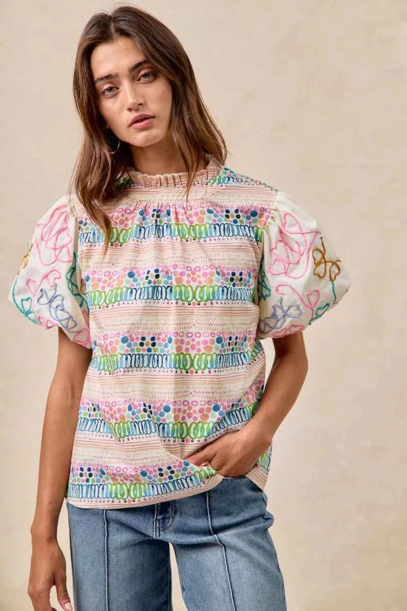 BiBi Ruffle Neckline Blouse With Embroidery Bubble Sleeve BiBi Ruffle Neckline Blouse With Embroidery Bubble Sleeve