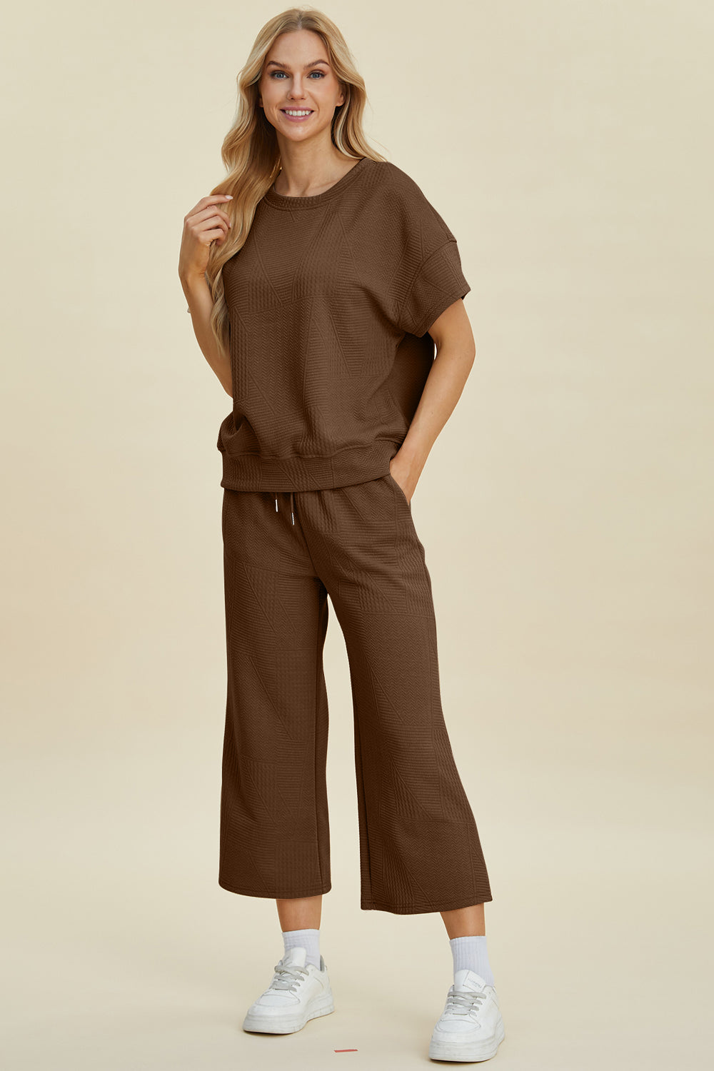 Double Take Full Size Texture Round Neck Top and Pants Set Double Take Full Size Texture Round Neck Top and Pants Set