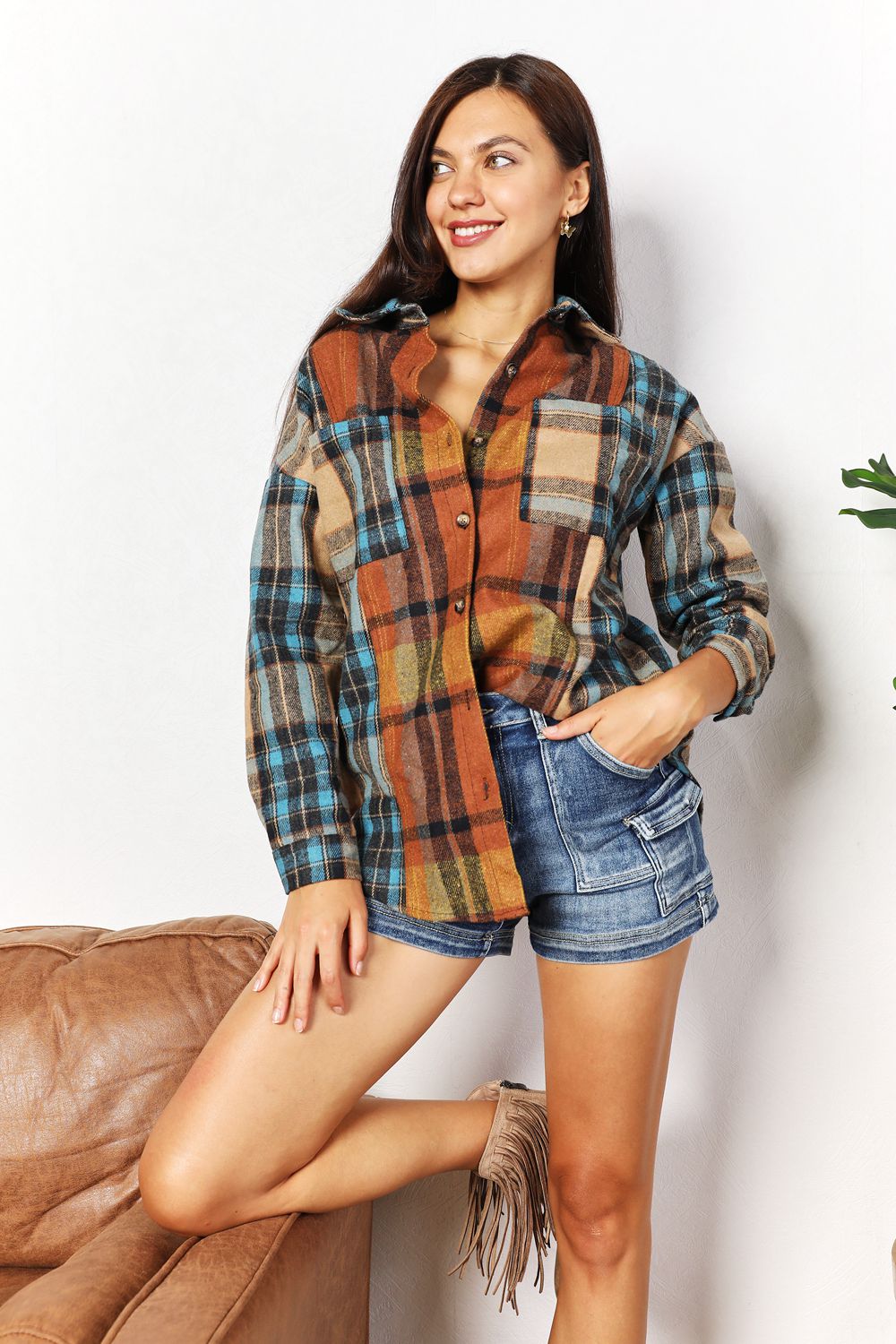Double Take Plaid Curved Hem Shirt Jacket with Breast Pockets Double Take Plaid Curved Hem Shirt Jacket with Breast Pockets - TopFashionHQ