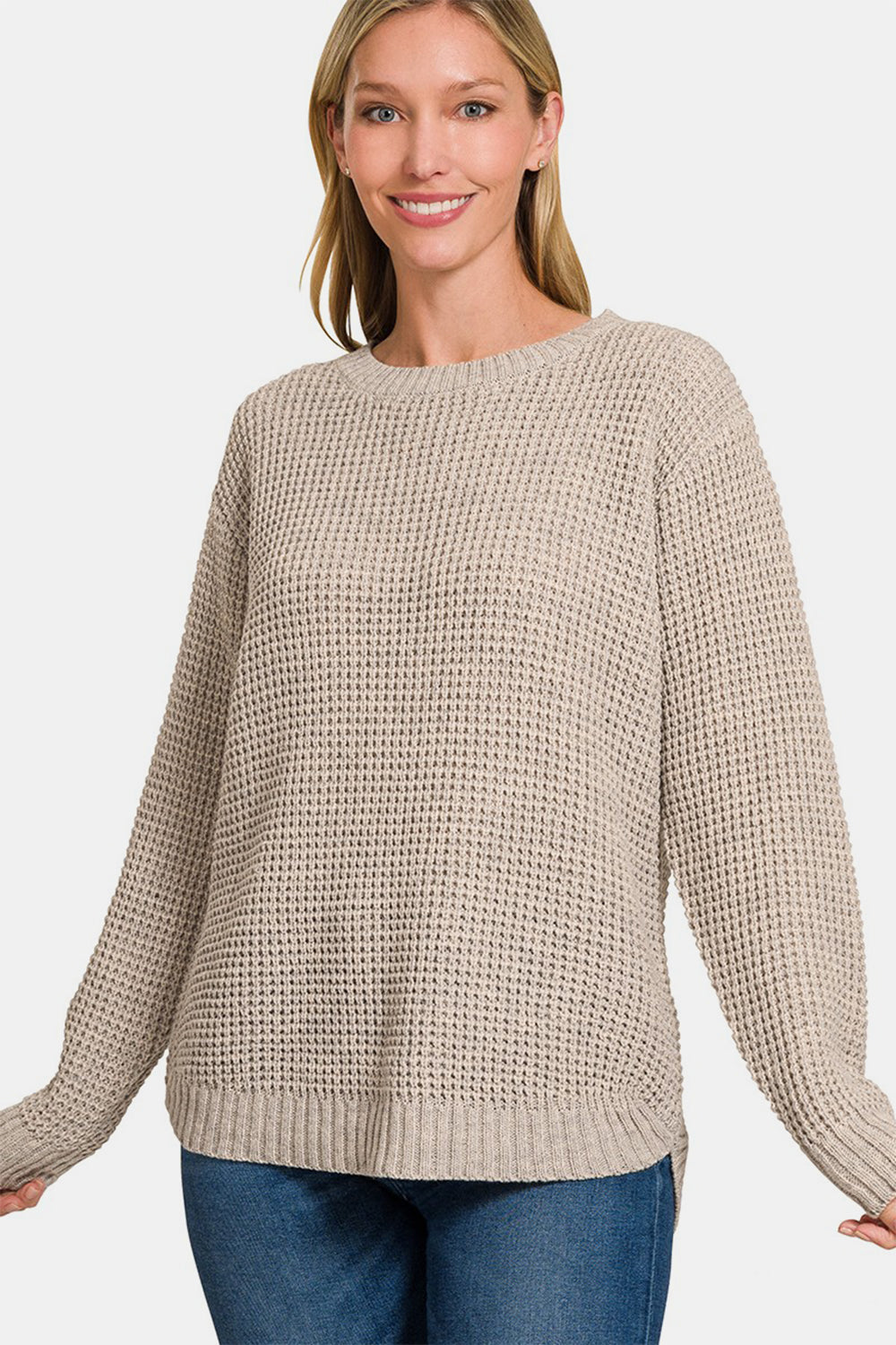 Zenana High Low Long Sleeve Waffle Sweater Zenana High Low Long Sleeve Waffle Sweater - TopFashionHQ