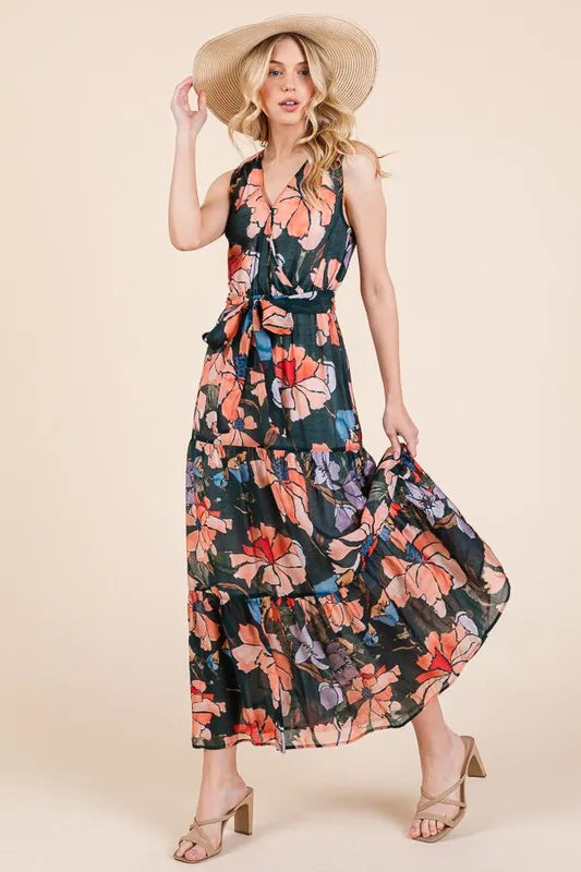 Lime 'N' Chili Floral Print Sleeveless Tie Waist Maxi Dress 10498c2ed3ab46f7ba92077ad72a5580-Max-Origin