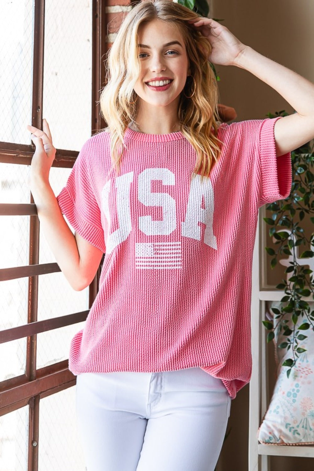 Heimish Full Size USA Graphic Short Sleeve Ribbed Top Heimish Full Size USA Graphic Short Sleeve Ribbed Top - TopFashionHQ