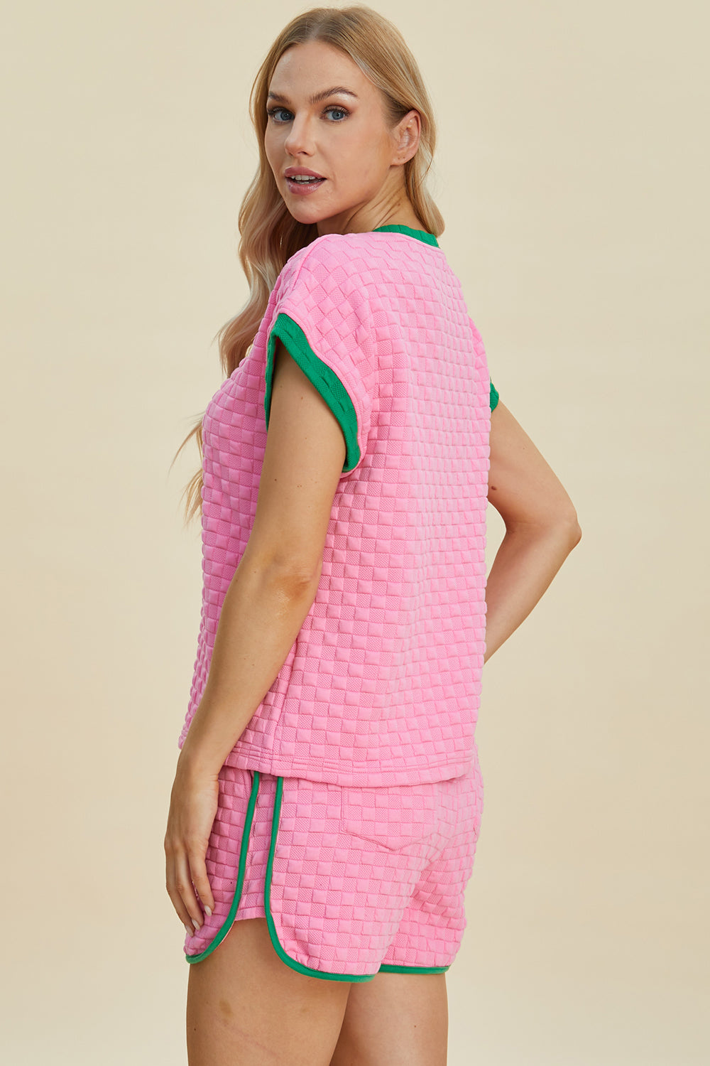 Double Take Full Size Texture Contrast T-Shirt and Shorts Set Double Take Full Size Texture Contrast T-Shirt and Shorts Set