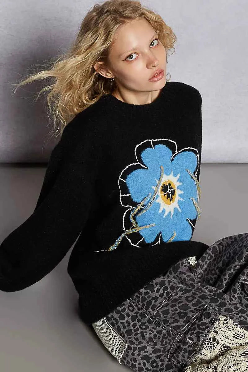POL Floral Pattern Round Neck Sweater with Exposed Stitching POL Floral Pattern Round Neck Sweater with Exposed Stitching