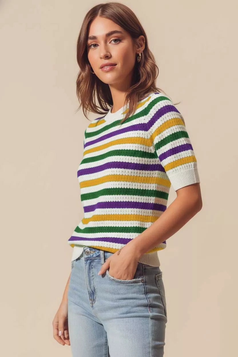SO ME Mardi Gras Crew Neck Stripe Breathable Sweater 107e7e7c-c49f-402a-93bf-5feee863a9ee-Max-Origin