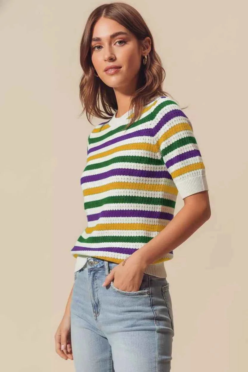 SO ME Mardi Gras Crew Neck Stripe Breathable Sweater SO ME Mardi Gras Crew Neck Stripe Breathable Sweater