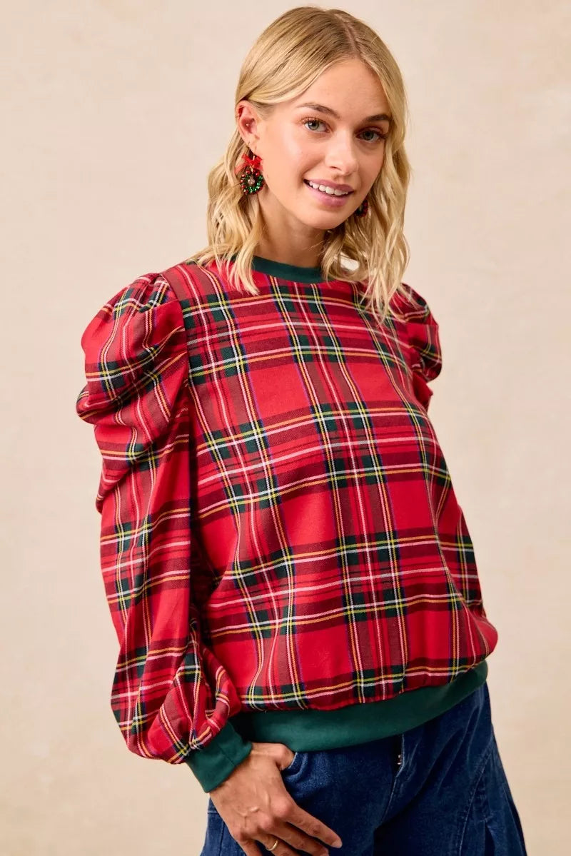 BiBi Christmas Plaid Exaggerated Shoulder Sleeves Top 10cd544c05774304aeb4a21f15a78301-Max-Origin