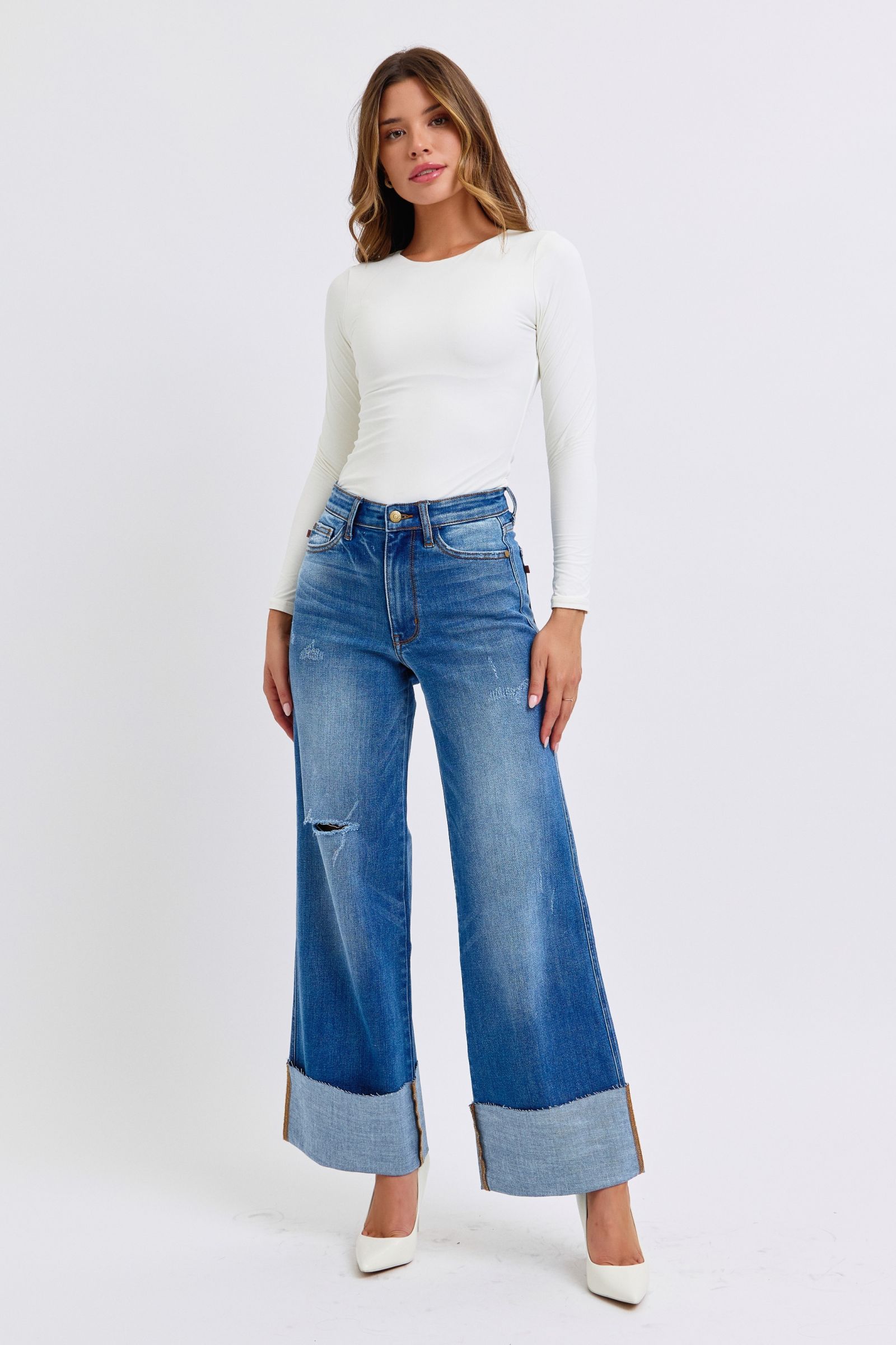 Judy Blue Full Size Distressed High Waist Wide Leg Jeans Judy Blue Full Size Distressed High Waist Wide Leg Jeans - TopFashionHQ