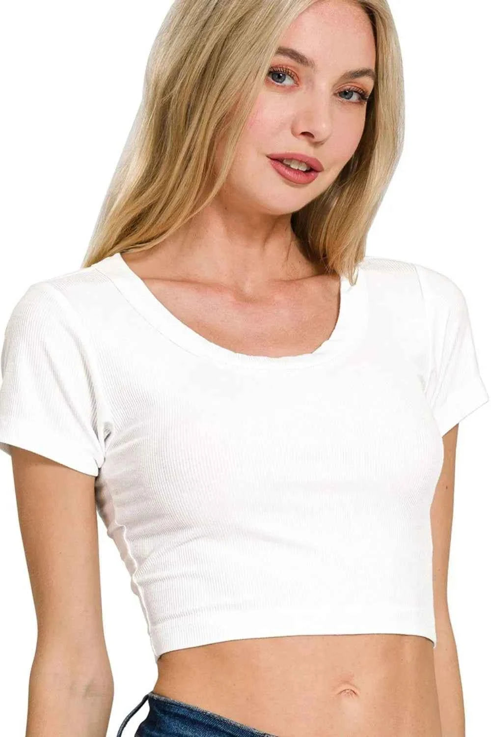 Zenana Ribbed Scoop Neck Crop Short Sleeve Top Zenana Ribbed Scoop Neck Crop Short Sleeve Top