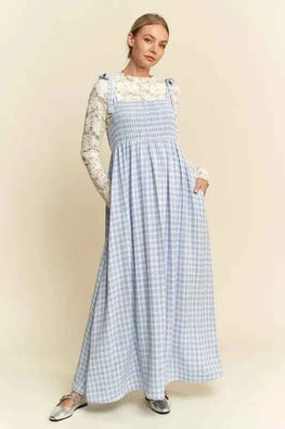 Davi & Dani Plaid Smocking Sleeveless Maxi Dress