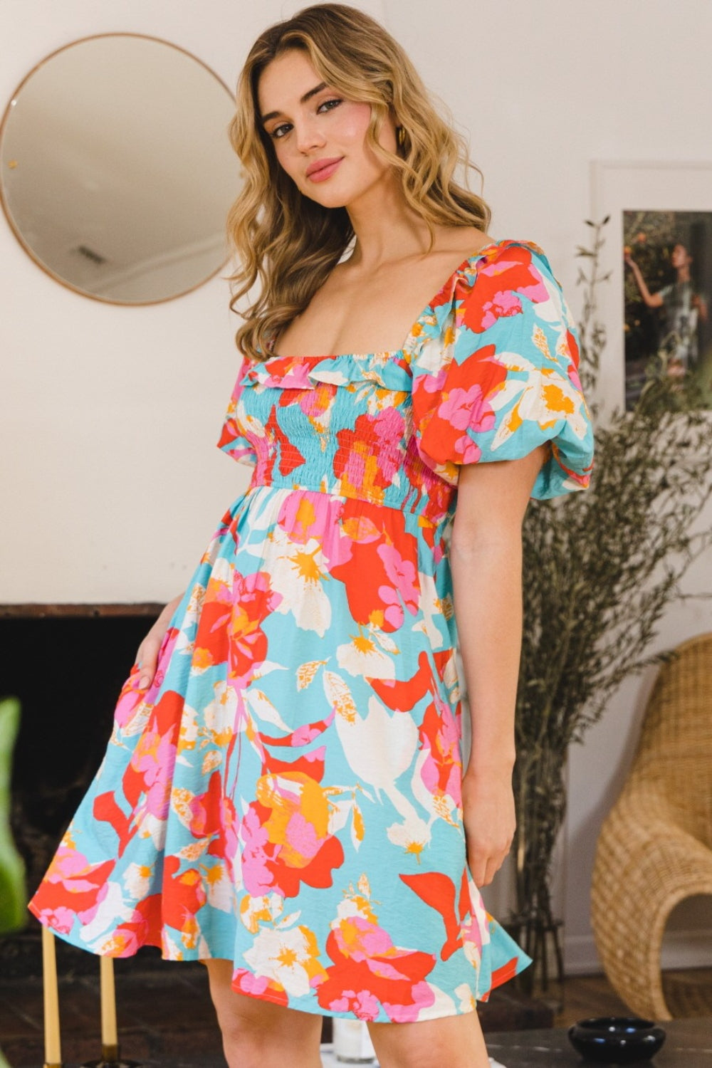 ODDI Printed Smocked Puff Sleeve Mini Dress ODDI Printed Smocked Puff Sleeve Mini Dress - TopFashionHQ