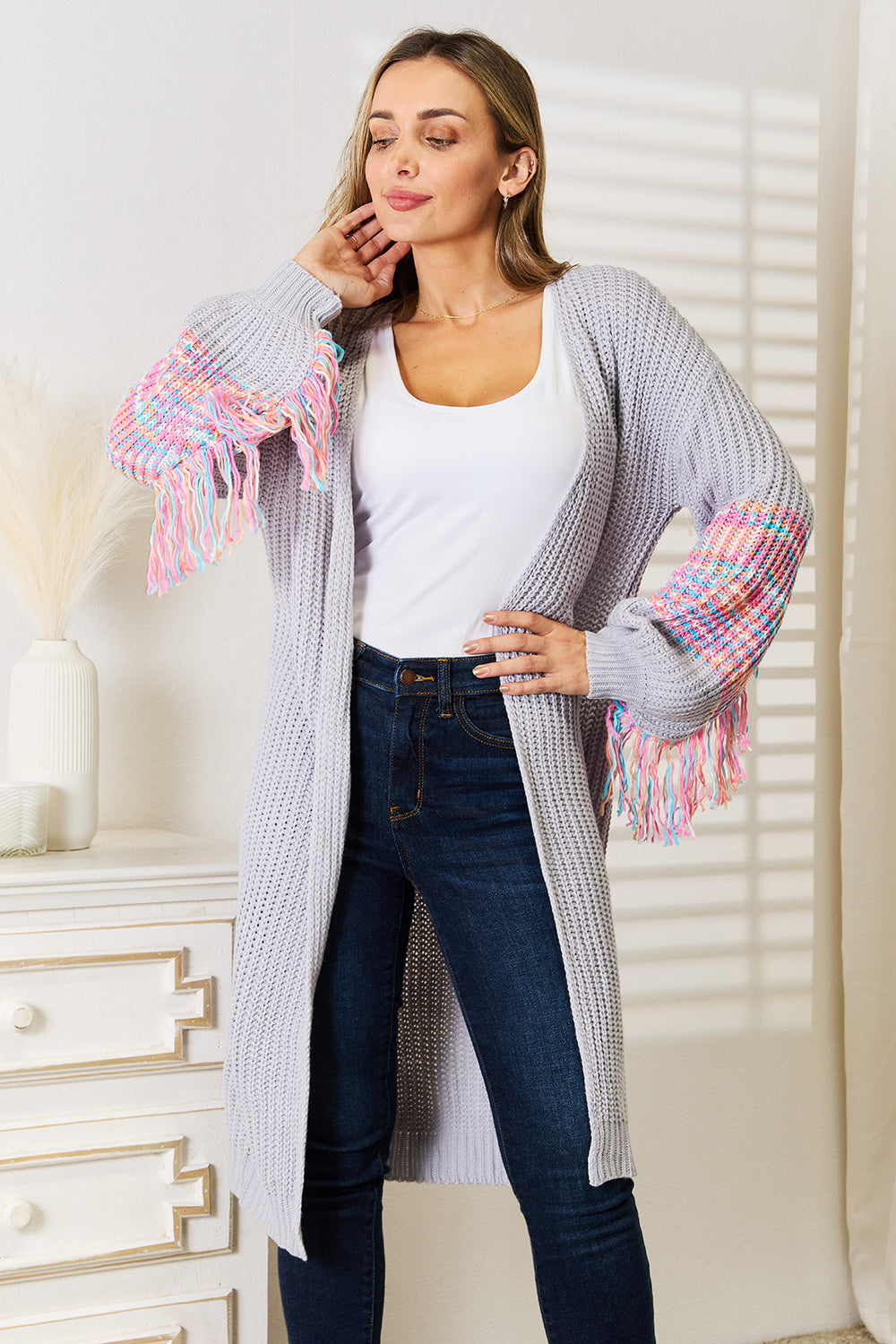 Woven Right Fringe Sleeve Dropped Shoulder Cardigan Woven Right Fringe Sleeve Dropped Shoulder Cardigan - TopFashionHQ